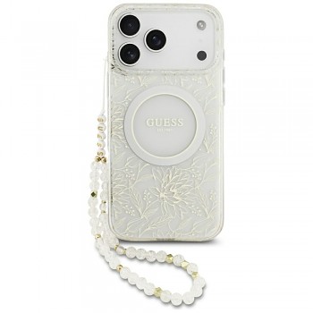 Guess IML Flowers Allover Electroplated s perlovým řemínkem MagSafe iPhone 17 Pro Max bílá