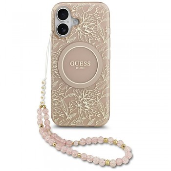 Guess IML Flowers Allover Electroplated s perlovým řemínkem MagSafe iPhone 17 černá
