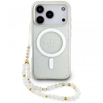 Guess IML Glitter s perlovým řemínkem MagSafe iPhone 17 Pro Max průhledný