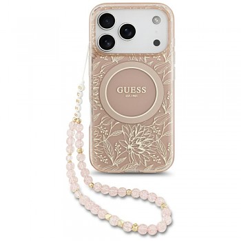 Guess IML Flowers Allover Electroplated s perlovým řemínkem MagSafe iPhone 17 Pro růžová