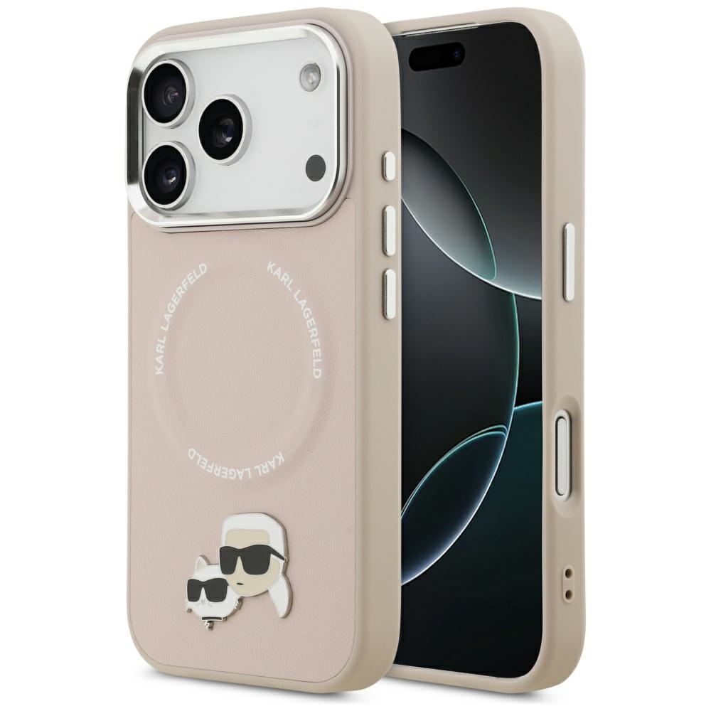Karl Lagerfeld Leather Karl &amp; Choupette Pins MagSafe iPhone 17 Pro růžová