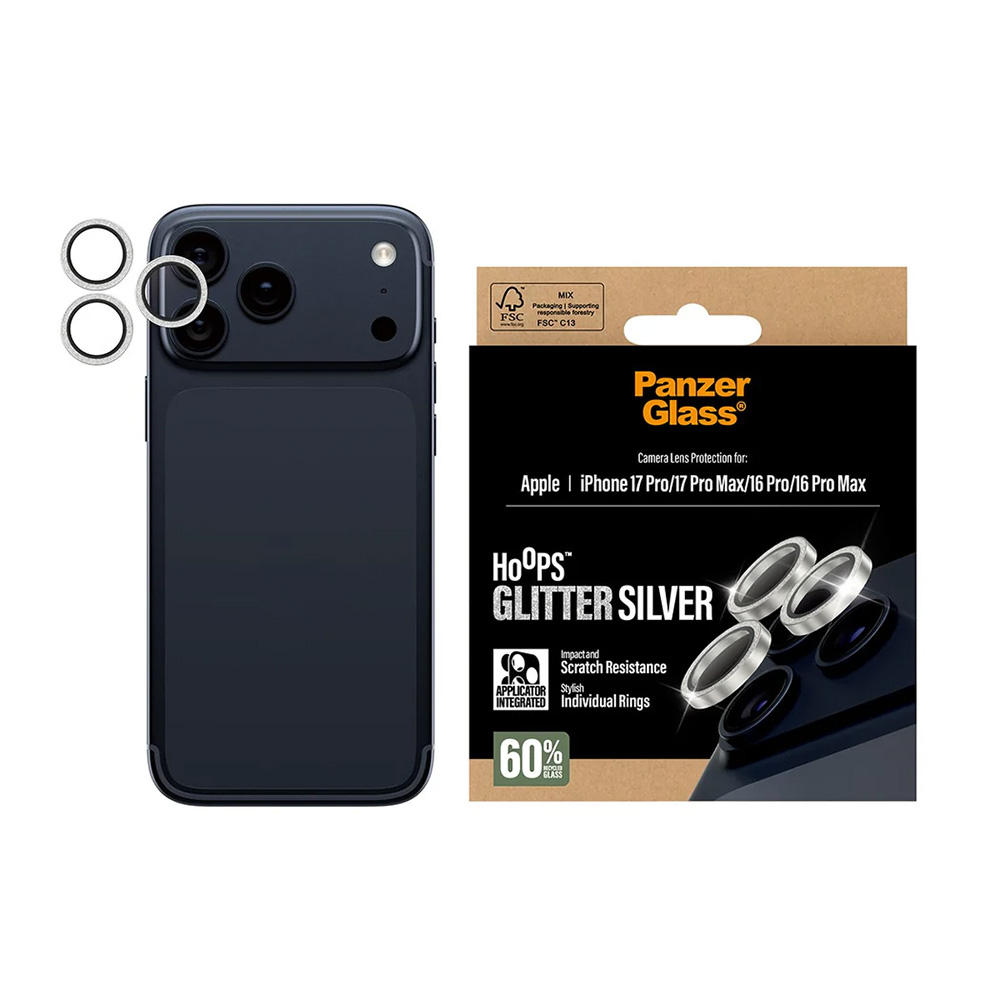 Levně PanzerGlass® Hoops® ochrana čočky kamery iPhone 17/16 Pro/Pro Max stříbrná třpytivá