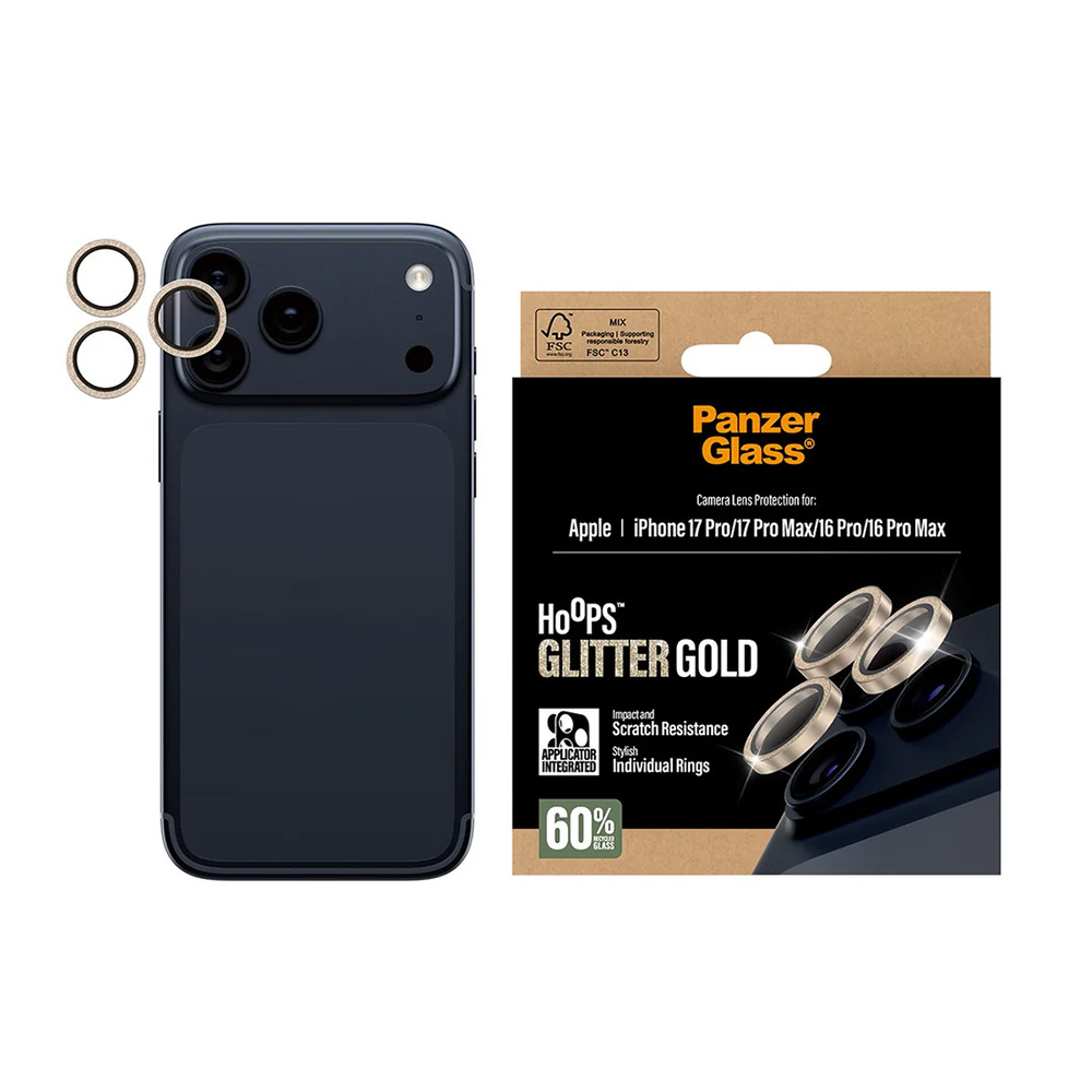 Levně PanzerGlass® Hoops® ochrana čočky fotoaparátu iPhone 17/16 Pro/Pro Max zlatá třpytivá