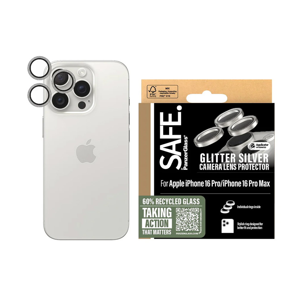 Levně PanzerGlass® SAFE. Ochrana čočky fotoaparátu iPhone 16 Pro/Pro Max Třpytivě stříbrná