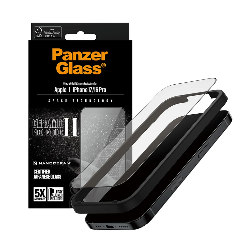 Levně PanzerGlass® Ultra-Wide Fit Ceramic II Ochranné sklo s EasyAlignerem iPhone 17 iPhone 16 Pro černá