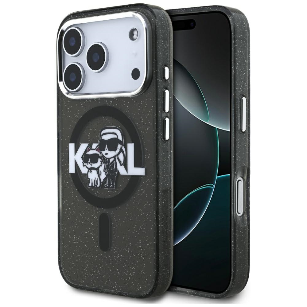 Levně Karl Lagerfeld IML Glitter Karl & Choupette Sketch Logo MagSafe iPhone 17 Pro černá