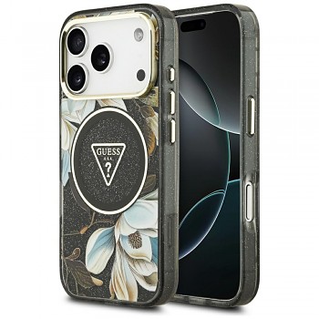 Guess IML Metal Glitter Flowers Triangle MagSafe iPhone 17 Pro Max černá