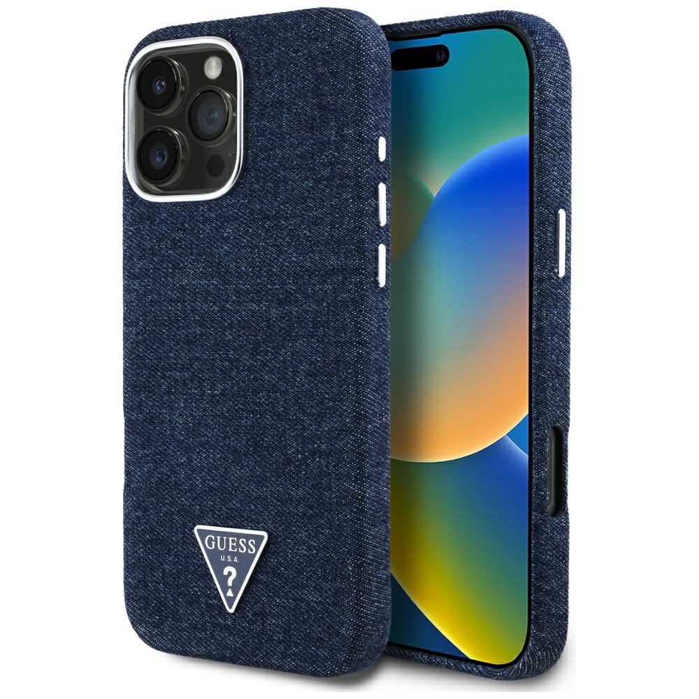 Levně Guess Denim Triangle Logo MagSafe pro iPhone 16 Pro modrý