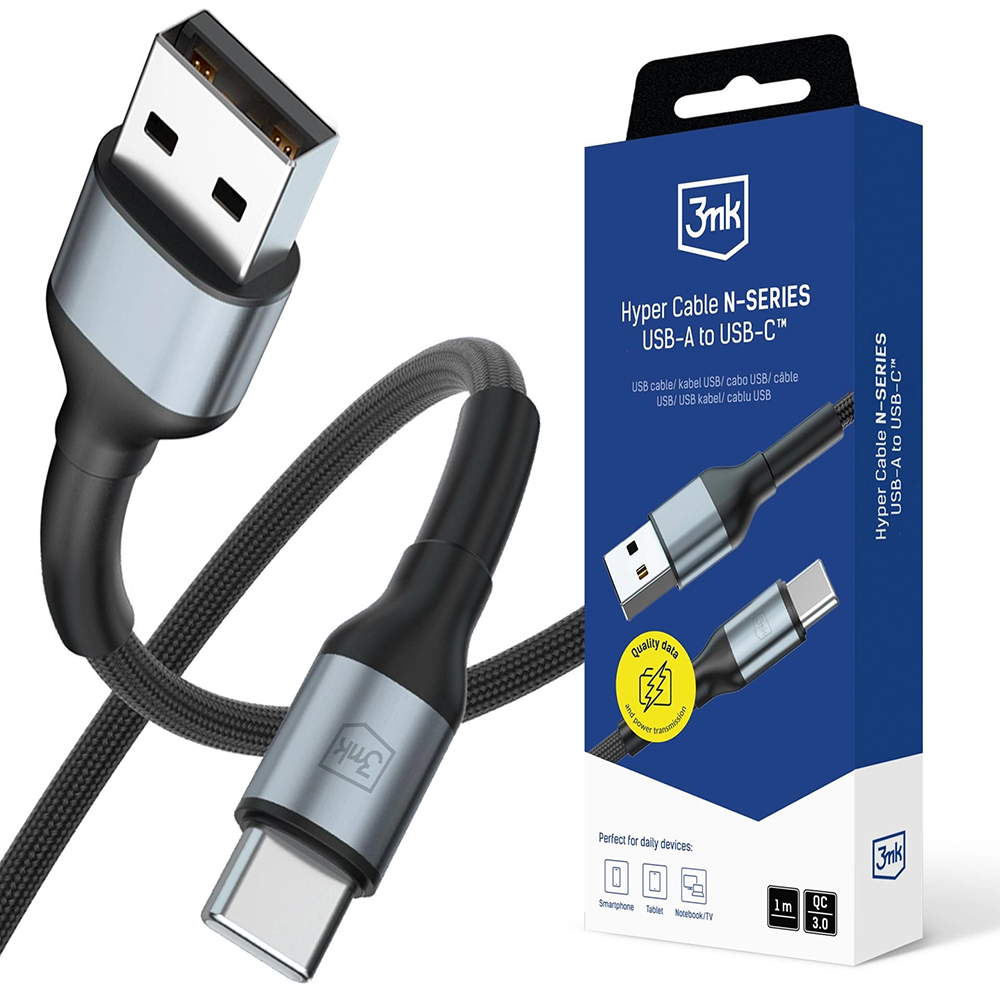 3mk datový kabel Hyper N-Series USB na Type-C 18W QC 3.0 9V 2A 1m černý