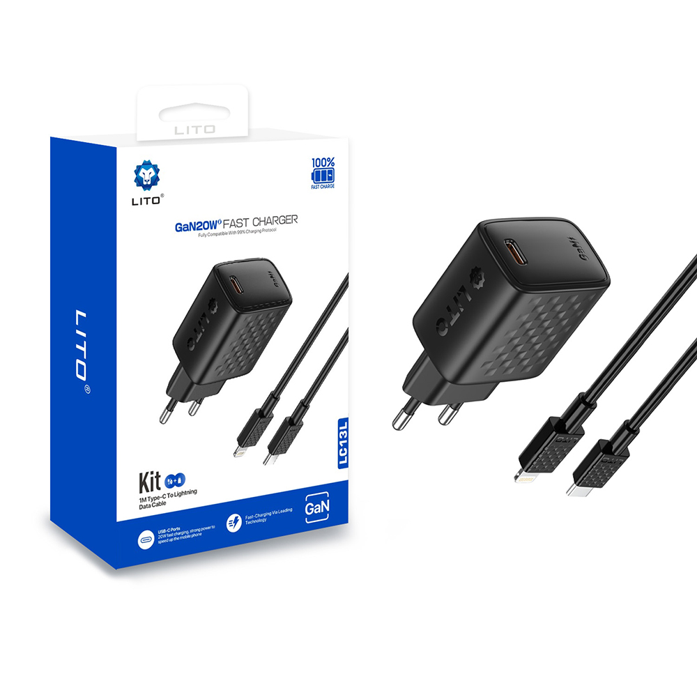 Levně Lito nástěnná nabíječka LC13L s lightning kabelem USB-C PD20W GaN černá