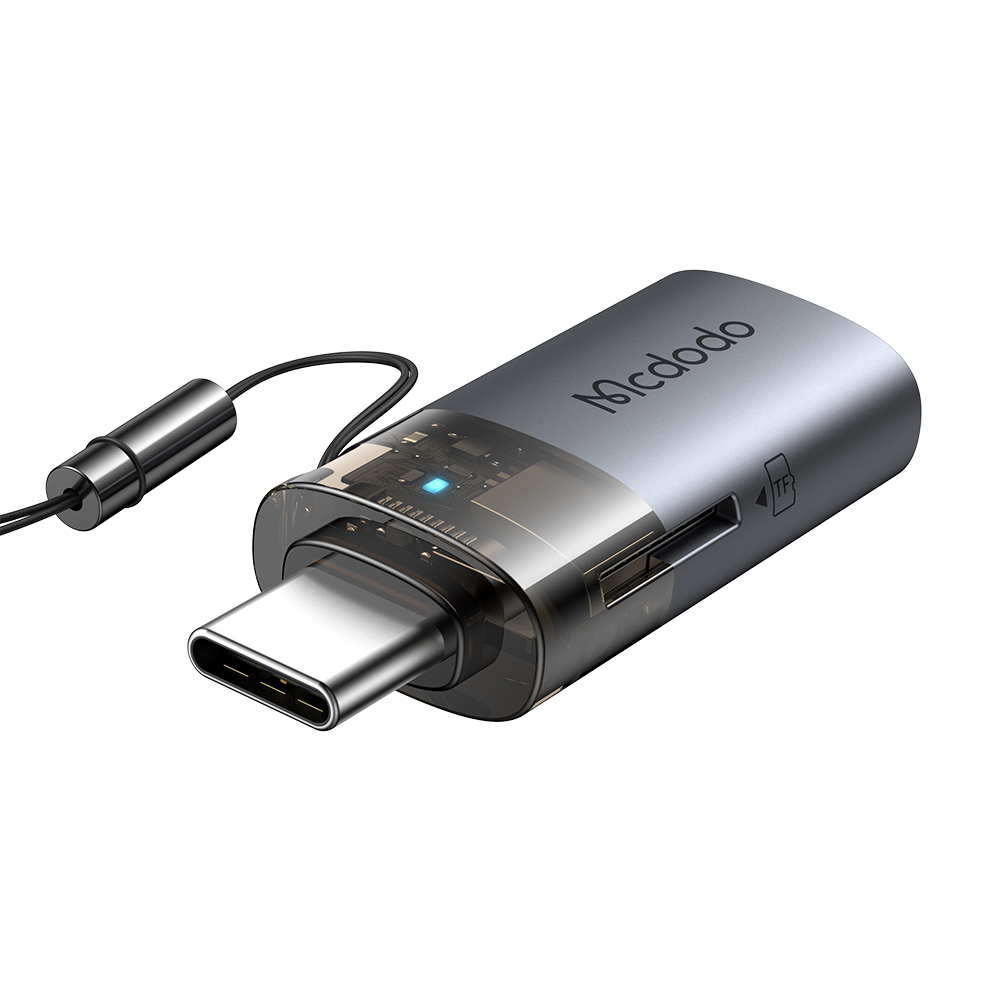 Levně Mcdodo - OTG adaptér 2v1 (OT-7600) - USB na USB-C, vestavěná čtečka karet, nabíjení a data, 5Gbps, modré světlo, poutko - černý
