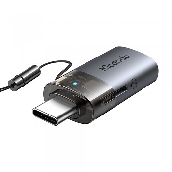 Mcdodo - OTG adaptér 2v1 (OT-7600) - USB na USB-C, vestavěná čtečka karet, nabíjení a data, 5Gbps, modré světlo, poutko - černý