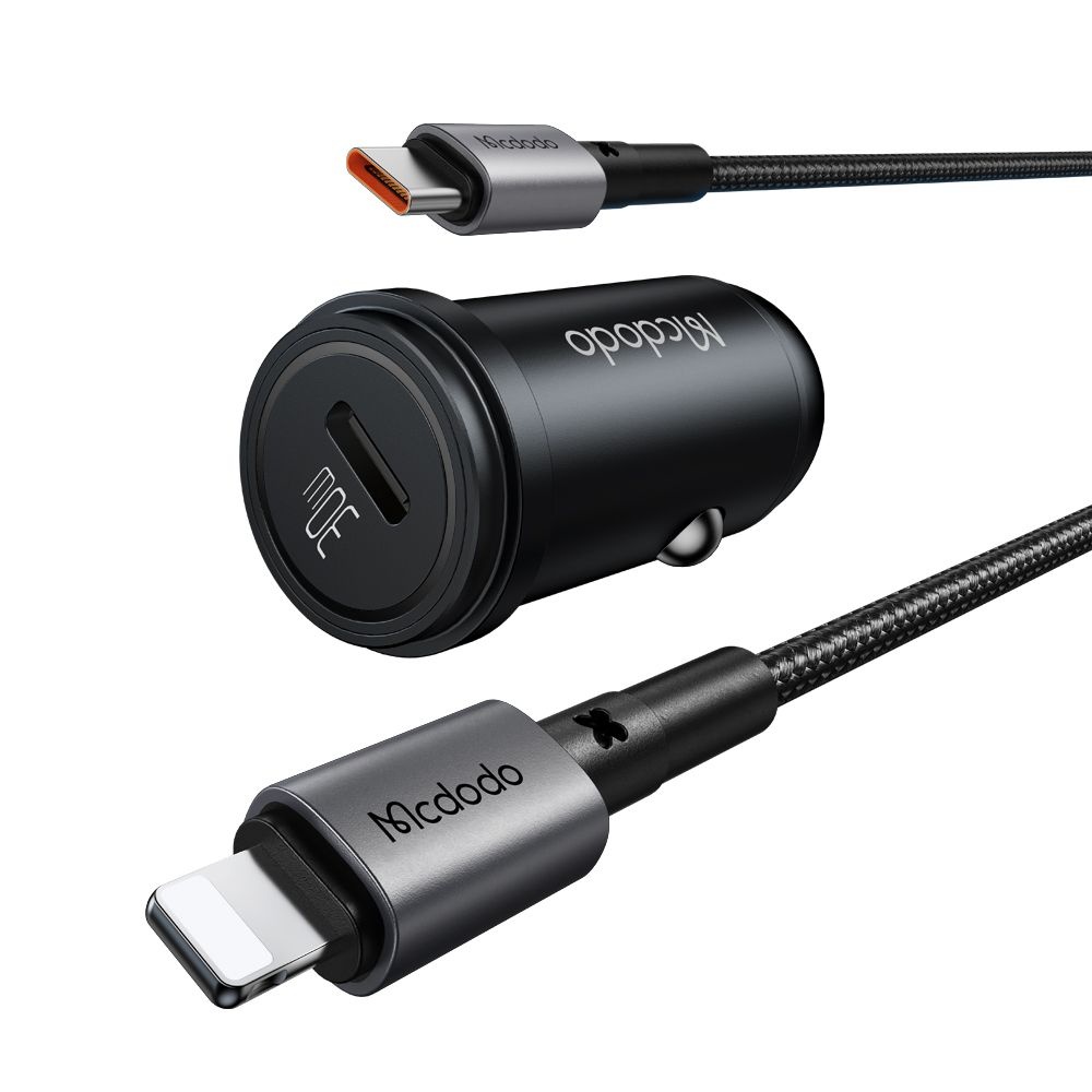 Levně Mcdodo - nabíječka do auta Obsidian Series (CC-7492) - včetně kabelu USB-C na Lightning, PD30W, Smart IC, mini velikost, 1,2m - černá