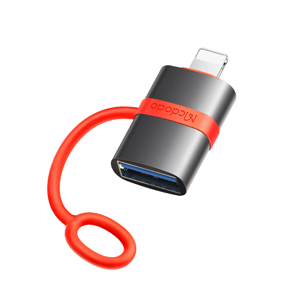 Levně Mcdodo – adaptér (OT-2600) – se silikonovým háčkem, hliníkovou slitinou, USB na Lightning, 480 Mb/s, přenosný design – šedá