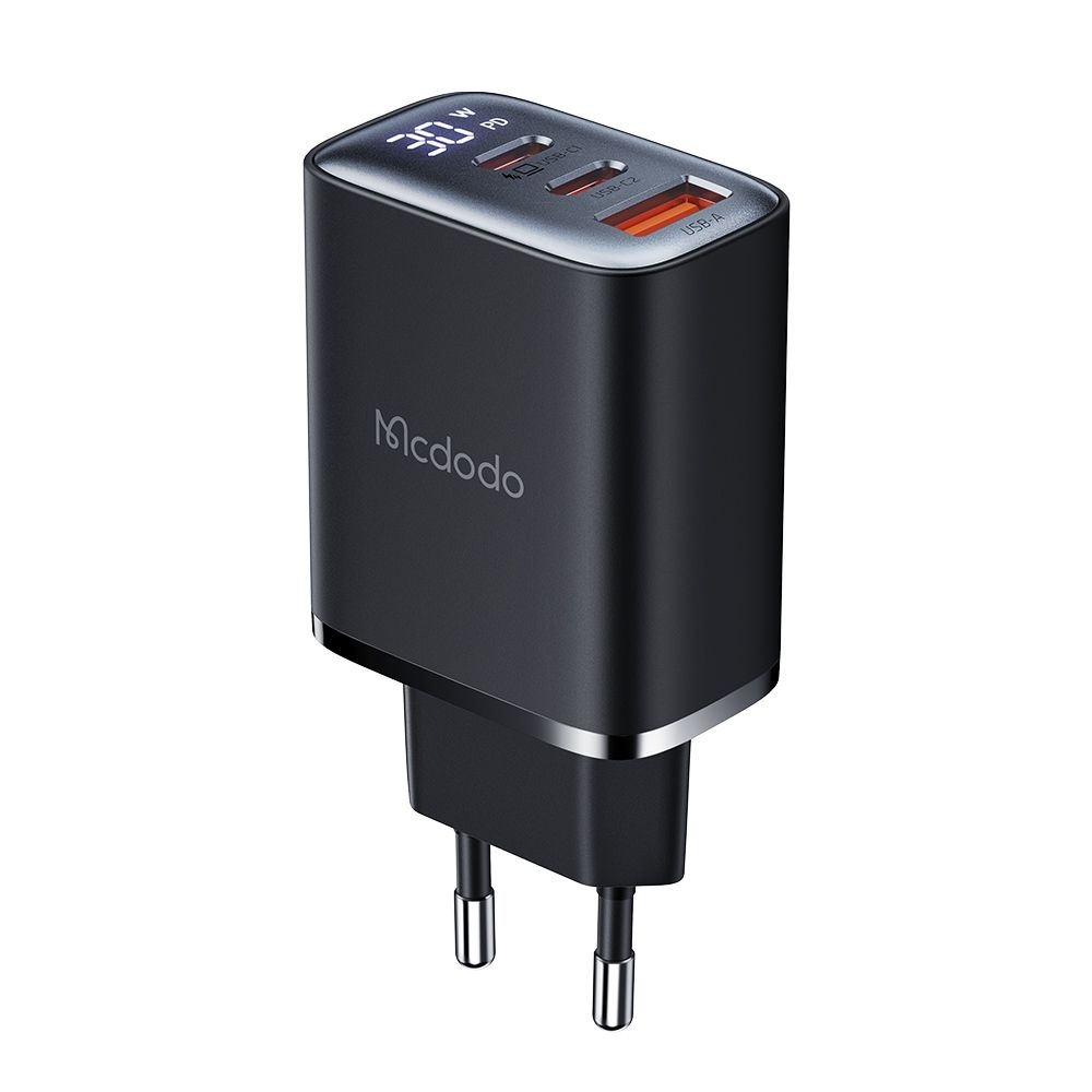 Levně Mcdodo - nástěnná nabíječka (CH-2180) - 2x USB-C, 1x USB-A, 30W, rychlonabíječka, digitální displej - černá