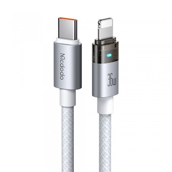 Mcdodo – datový kabel (CA-6942) – s nabíjecím světlem, USB-C na Lightning, průhledný kabel, 36W, 1,2m – bílý
