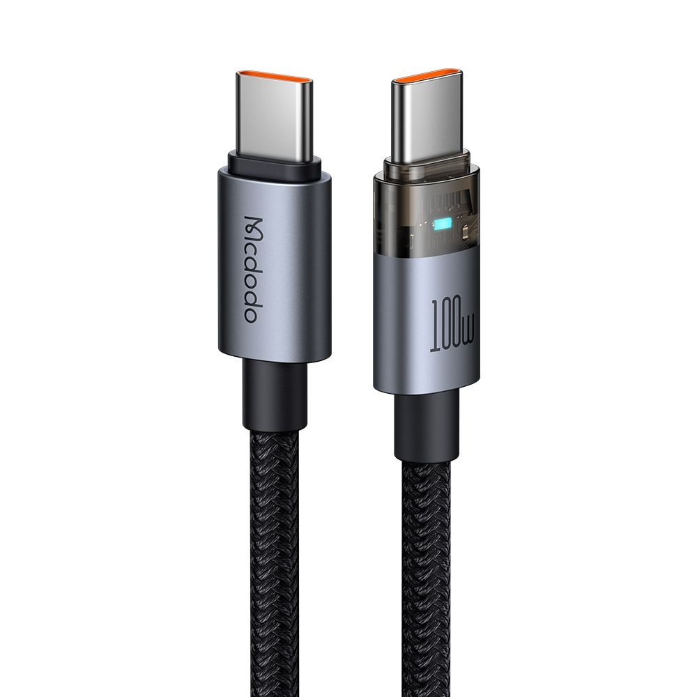 Mcdodo – datový kabel (CA-5580) – s nabíjecím světlem, USB-C na USB-C, průhledný kabel, 100W, 1,2m – černý
