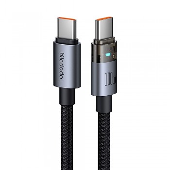 Mcdodo – datový kabel (CA-5580) – s nabíjecím světlem, USB-C na USB-C, průhledný kabel, 100W, 1,2m – černý