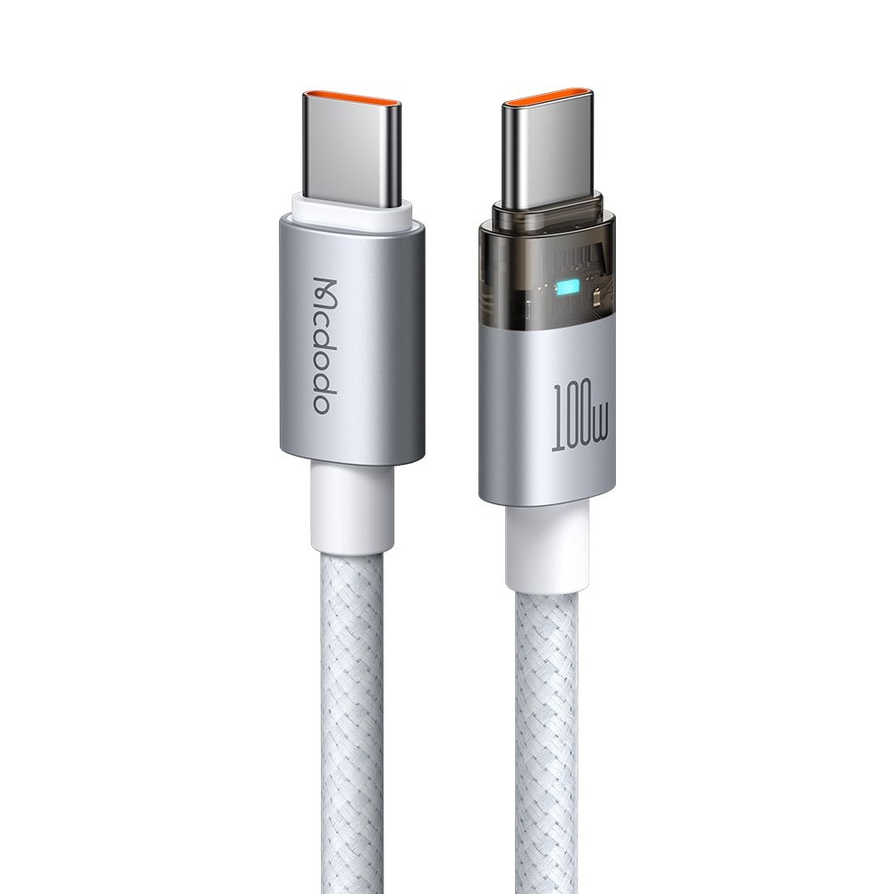 Levně Mcdodo – datový kabel (CA-5582) – s nabíjecím světlem, USB-C na USB-C, průhledný kabel, 100W, 1,2m – bílý