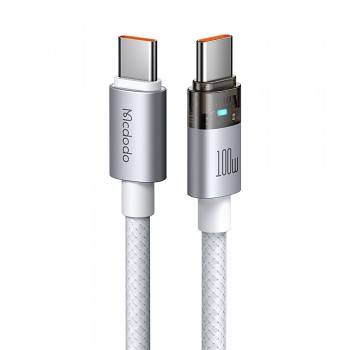 Mcdodo – datový kabel (CA-5582) – s nabíjecím světlem, USB-C na USB-C, průhledný kabel, 100W, 1,2m – bílý