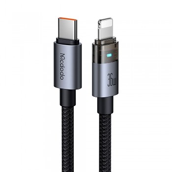 Mcdodo – datový kabel (CA-6940) – s nabíjecím světlem, USB-C na Lightning, průhledný kabel, 36W, 1,2m – černý