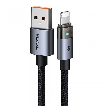 Mcdodo – datový kabel (CA-6910) – s nabíjecím světlem, USB-A na Lightning, průhledný kabel, 3A, 1,2m – černý