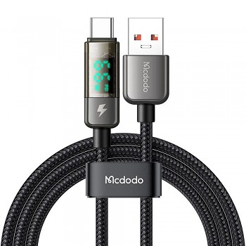 Mcdodo – datový kabel (CA-3630) – USB-C na USB-A, 6A s digitálním displejem, automatické vypnutí, transparentní design, 1,2 m – černý