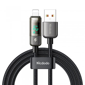 Mcdodo – datový kabel (CA-3620) – USB-A na Lightning, 3A, digitální displej, automatické vypnutí, transparentní design, 1,2m – černý
