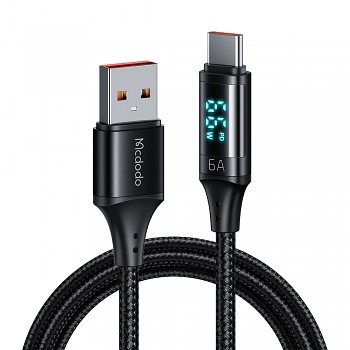 Mcdodo – datový kabel (CA-1080) – USB 2.0 na Type-C, s digitálním displejem, nylonové opletení, hliníková slitina, 6A, 1,2m – černý