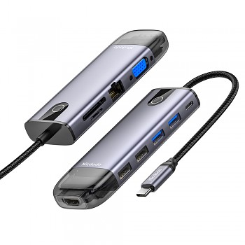 Mcdodo – rozbočovač (HU-7420) – 10v1, 2x USB2.0, 2x USB3.0, USB-C PD100W, VGA, HDMI 4K, LAN, slot SD/TF, 5Gbps, kabel Type-C – šedá