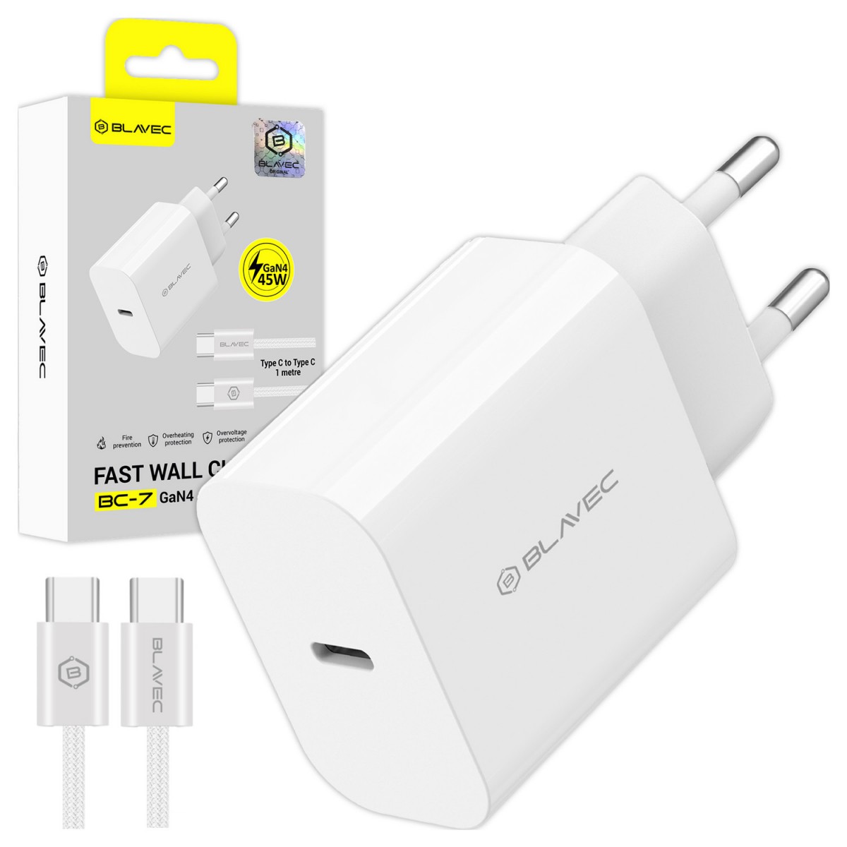 Levně Blavec síťová nabíječka BC-7 GaN4 Type C PD QC 45W 3A s kabelem Type C na Type C bílá