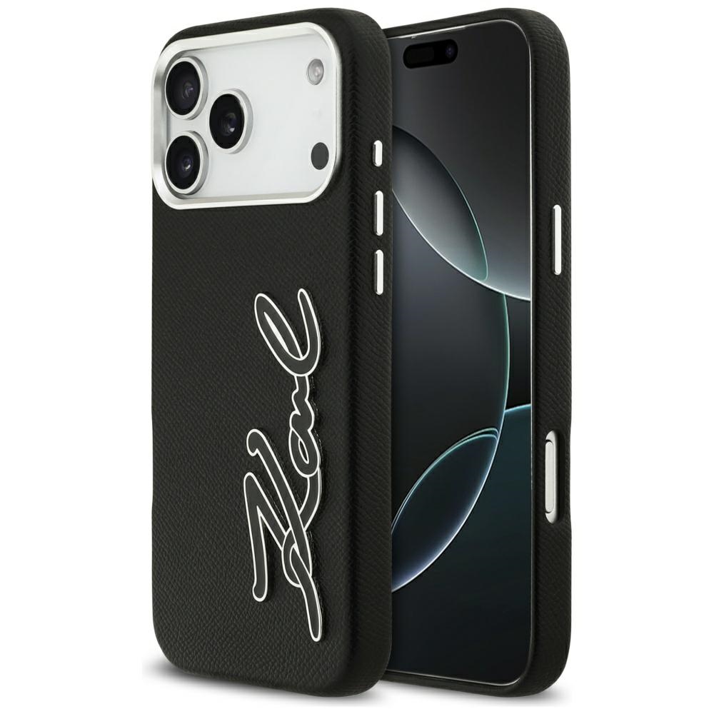 Levně Karl Lagerfeld - pevné pouzdro FW zrnitá kůže s logem Signature (KLHCP17XPGFKSRSK) - iPhone 17 Pro Max - černé