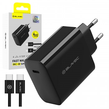 Nabíječka Blavec BC-8 GaN4 – typ C – PD QC 65W 3A s kabelem typu C na typ C (TCBC8G4-CB653A+CC) černá