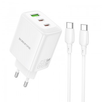 Nabíječka Borofone BN32 Cargador GaN – USB + 2xType C – QC 3.0 PD 65W s Type C na Type C bílá