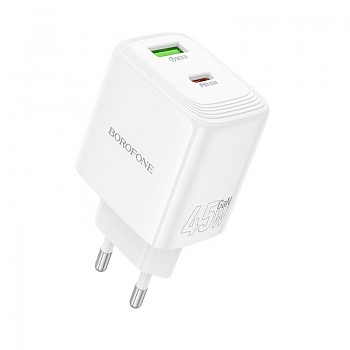Adaptér Borofone BN30 Cargador GaN – USB + Type C – QC 3.0 PD 45W bílý