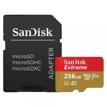 SanDisk – paměťová karta Extreme (SDSQXAV-256G-GN6MA) – Micro SDXC s adaptérem, 256GB, třída 10, čtení 190MB/s, U3, V30 – červená