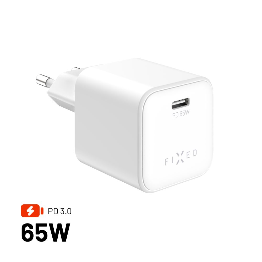 Levně Síťový GaN adaptér FIXED Mini s USB-C výstupem a podporou PD, 65W, bílý