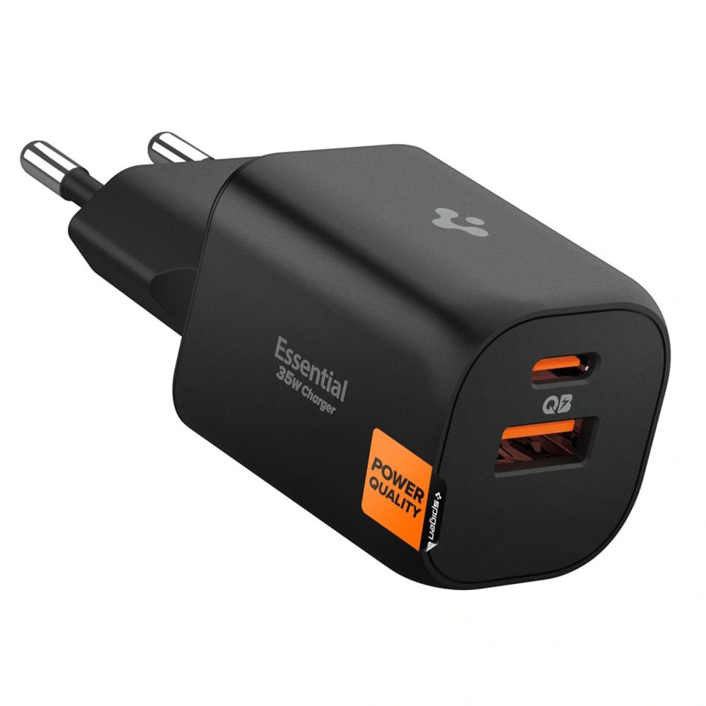 Levně Spigen – nástěnná nabíječka Essential (EE352EU) – USB, Type-C, rychlé nabíjení, Quantum Boost, 35W – černá