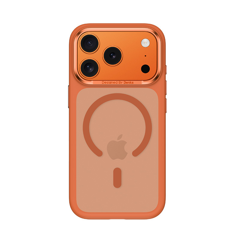 Levně Magnetické kouřové pouzdro s kovovým rámem Benks pro iPhone 17 Pro (s tlačítkem pro ovládání fotoaparátu), oranžové