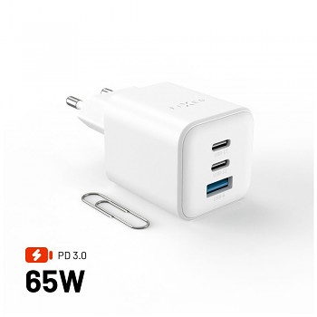 Síťová GaN nabíječka FIXED Mini s 2xUSB-C a USB výstupem, podpora PD, 65W, bílá