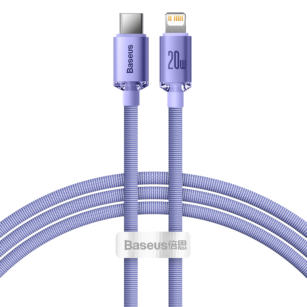 Levně Datový kabel Baseus Crystal Shine (CAJY000205) – Type-C na Lightning, 20W, 1.2m, nylonový oplet – fialový
