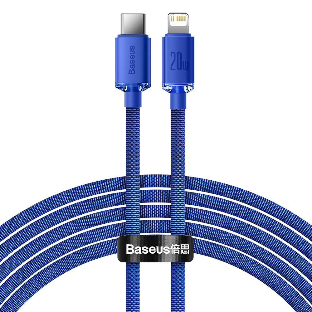 Levně Baseus - datový kabel Crystal Shine (CAJY000303) - Type-C na Lightning, 20W, 2m, nylonový opletený - modrý