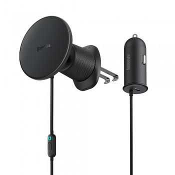 Baseus - bezdrátový držák do větrací mřížky (C40141000111-00) - 15W, s 25W zásuvkou zapalovače, USB, kruhovým ambientním světlem - černý