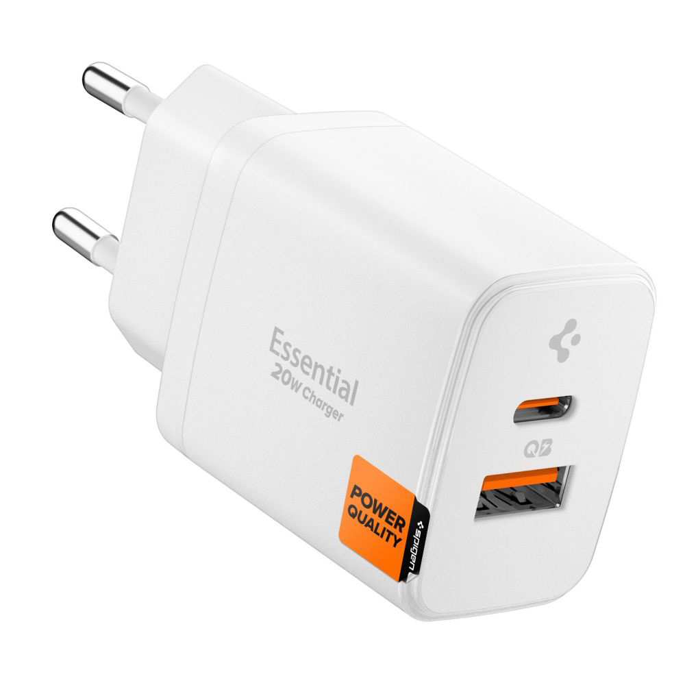 Levně Spigen – nástěnná nabíječka Essential (EE202EU) – USB, Type-C, rychlé nabíjení, Quantum Boost, 20W – bílá