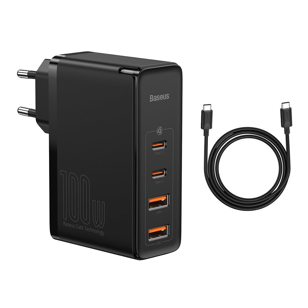 Baseus - nástěnná nabíječka GaN2 Pro (CCGAN2P-L01) - včetně kabelu typu C, 2x USB-C PD 100W, 2x USB-A QC3.0 - černá
