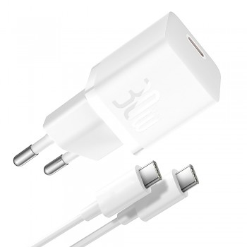 Baseus – nástěnná nabíječka (P10110902213-00) – včetně kabelu typu C, GaN, typ C, rychlé nabíjení, 30 W, 1 m – Moon White