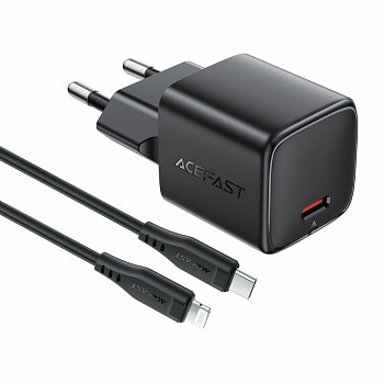 Acefast - nástěnná nabíječka (A118) - technologie GaN, rychlé nabíjení, PD30W, mini design, s kabelem USB-C na Lightning, 1,2m - černá