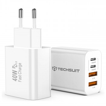 Techsuit - prémiová nástěnná nabíječka PowerXQuad (CH4) - 2x PD20W Type-C, 2x USB 3.1A, super rychlý cestovní adaptér 40W - bílá
