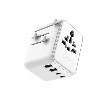 Cestovní adaptér FIXED Voyager 70W pro EU, UK a USA/AUS, s 3xUSB-C a 2xUSB výstupem, GaN, PD 70W, bílý