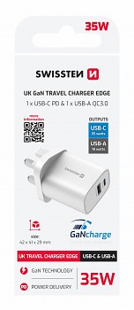 Adaptér Swissten Edge Gan 1x USB-C PD 35W + 1x USB-A 18W QC, pro uk zásuvku bílý